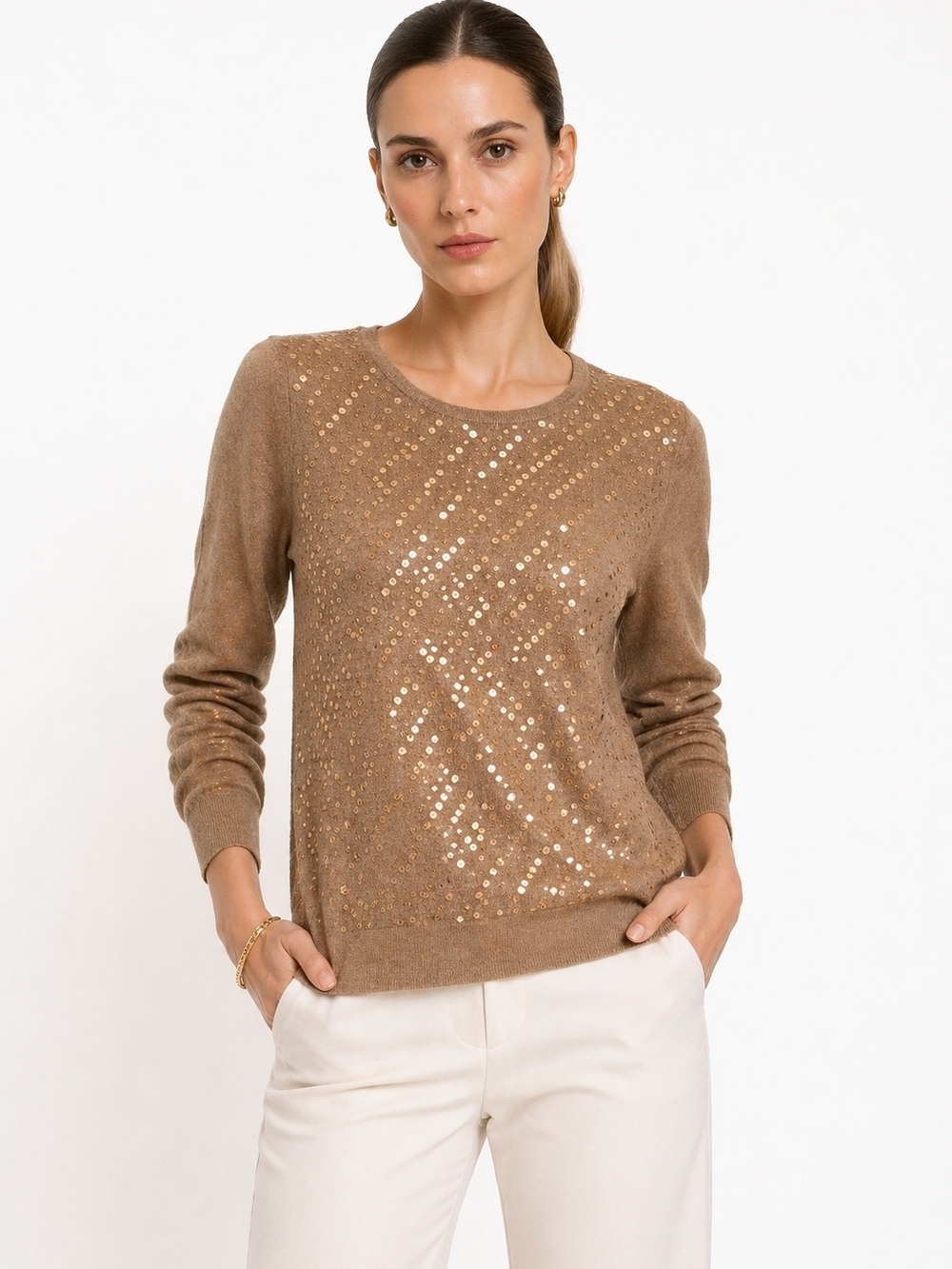Liz Claiborne Camel Sequin Crewneck Sweater.  Size M.